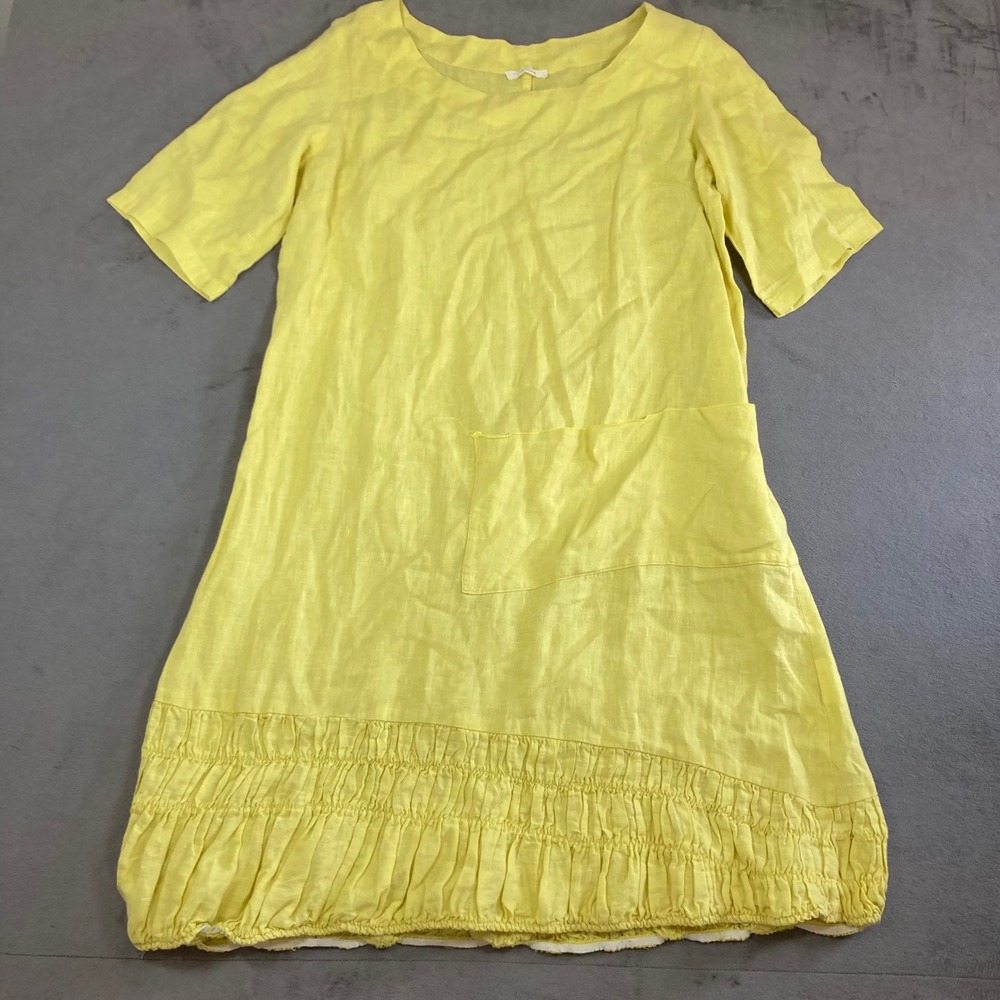 Luukaa Yellow 100% Linen Short Sleeve Shift Dress Asymmetric Hem Size 2 Reg m